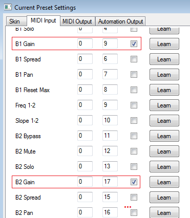 Step 07 - Setup the MB-7 Mixer's MIDI input so that the gain for each band receives the output gain events configured on the MB-5 Dynamix plug-in